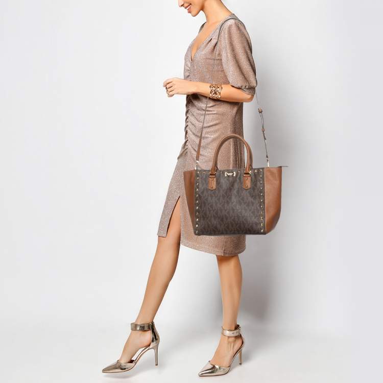 Pre Owned MICHAEL Michael Kors Brown Signature Coated Canvas and Leather Studded Sandrine Tote