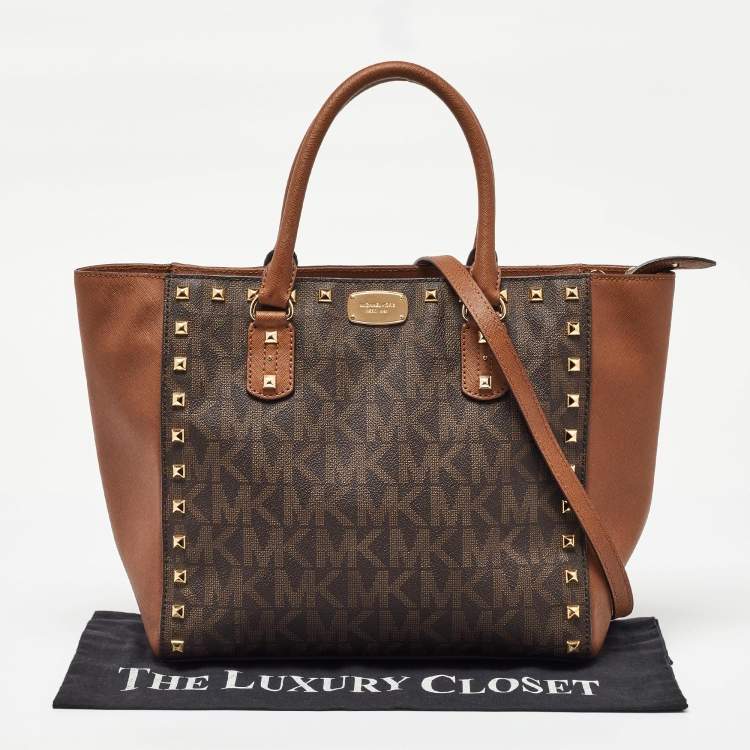 Pre Owned MICHAEL Michael Kors Brown Signature Coated Canvas and Leather Studded Sandrine Tote