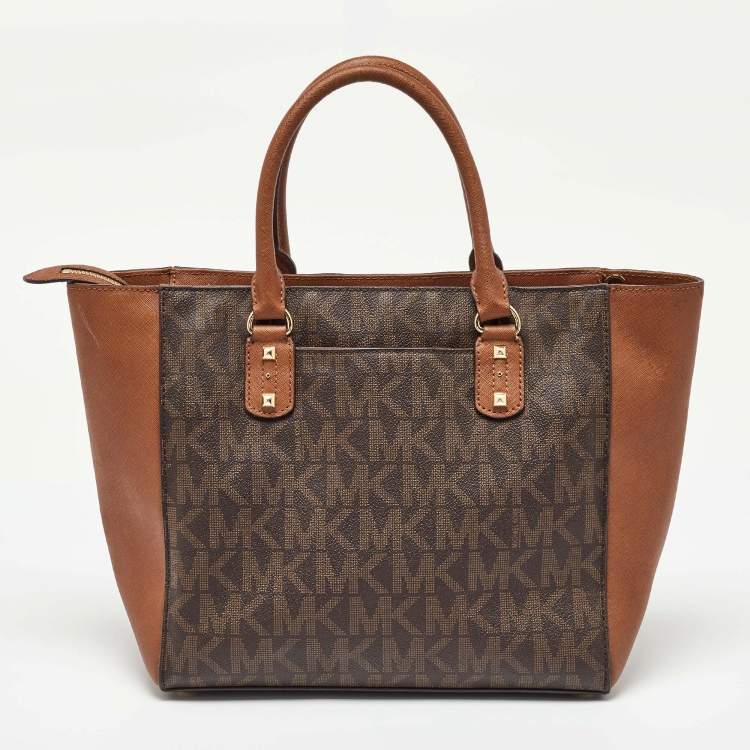 Pre Owned MICHAEL Michael Kors Brown Signature Coated Canvas and Leather Studded Sandrine Tote