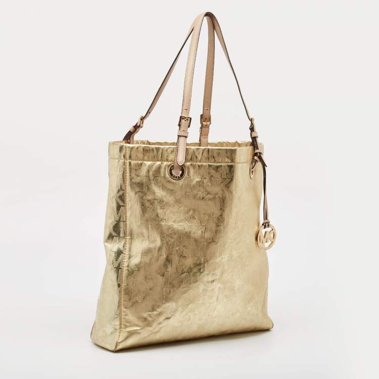 Pre Owned MICHAEL Michael Kors Gold Signature Mirrored Patent Leather North South Tote