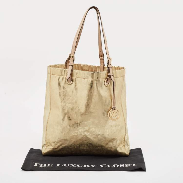 Pre Owned MICHAEL Michael Kors Gold Signature Mirrored Patent Leather North South Tote