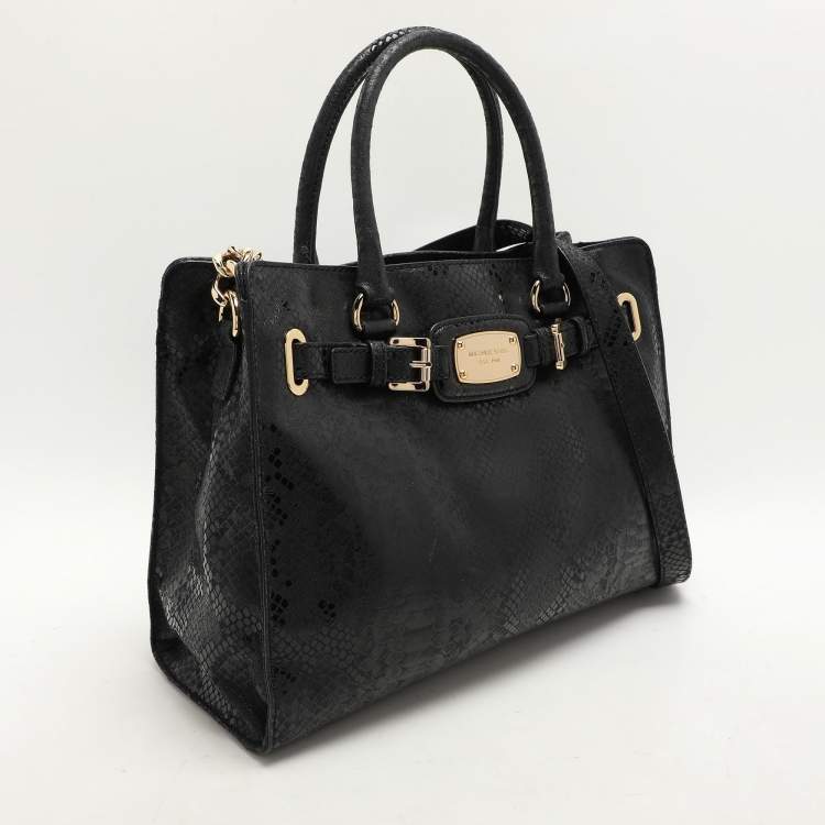 Pre Owned MICHAEL Michael Kors Black Python Print Leather Large East West Hamilton Tote