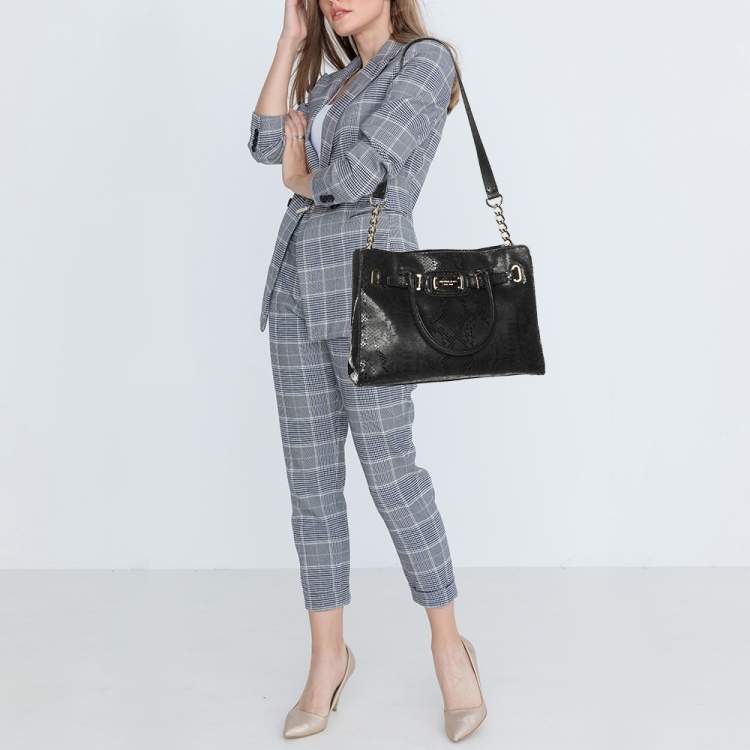 Pre Owned MICHAEL Michael Kors Black Python Print Leather Large East West Hamilton Tote