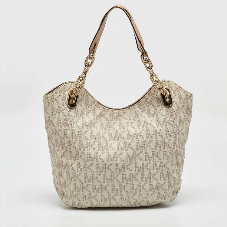 Pre Owned MICHAEL Michael Kors Off White/Beige Signature Coated Canvas and Leather Lillie Chain Hobo