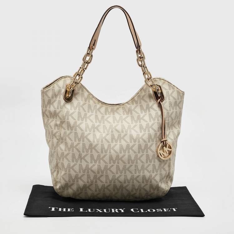 Pre Owned MICHAEL Michael Kors Off White/Beige Signature Coated Canvas and Leather Lillie Chain Hobo
