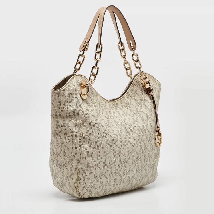 Pre Owned MICHAEL Michael Kors Off White/Beige Signature Coated Canvas and Leather Lillie Chain Hobo