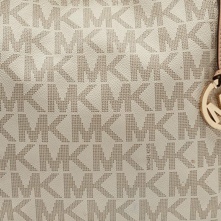 Pre Owned MICHAEL Michael Kors Off White/Beige Signature Coated Canvas and Leather Lillie Chain Hobo