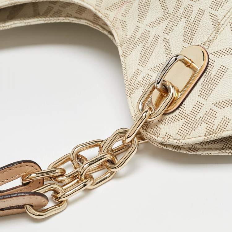 Pre Owned MICHAEL Michael Kors Off White/Beige Signature Coated Canvas and Leather Lillie Chain Hobo