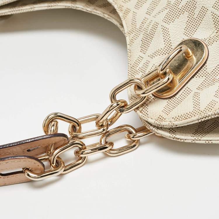 Pre Owned MICHAEL Michael Kors Off White/Beige Signature Coated Canvas and Leather Lillie Chain Hobo