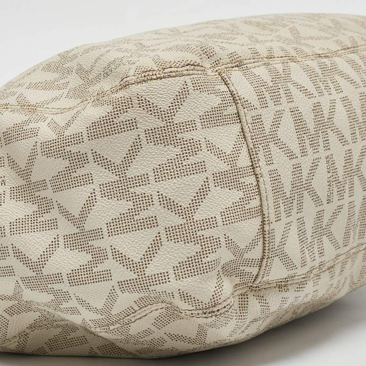 Pre Owned MICHAEL Michael Kors Off White/Beige Signature Coated Canvas and Leather Lillie Chain Hobo
