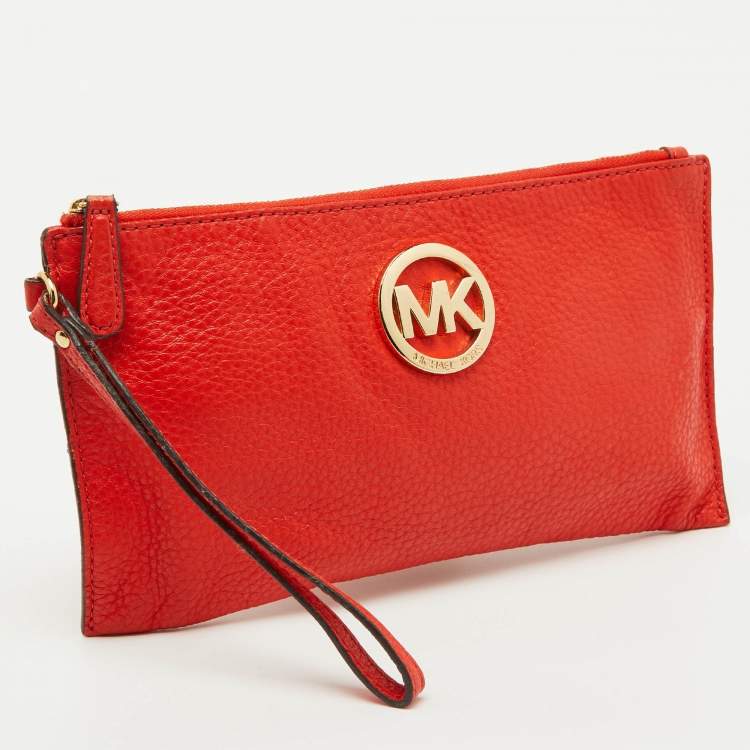 Pre Owned MICHAEL Michael Kors Orange Leather Wristlet Clutch