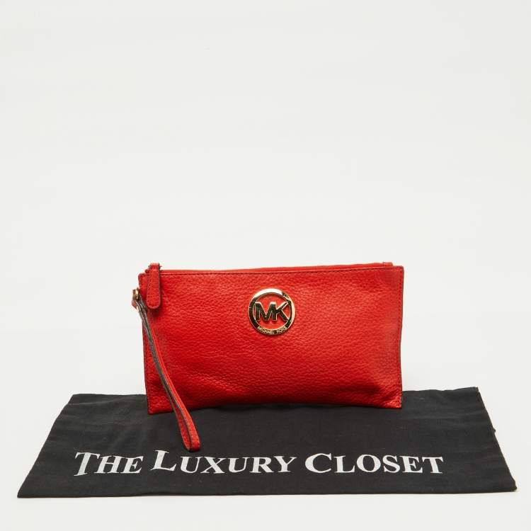 Pre Owned MICHAEL Michael Kors Orange Leather Wristlet Clutch