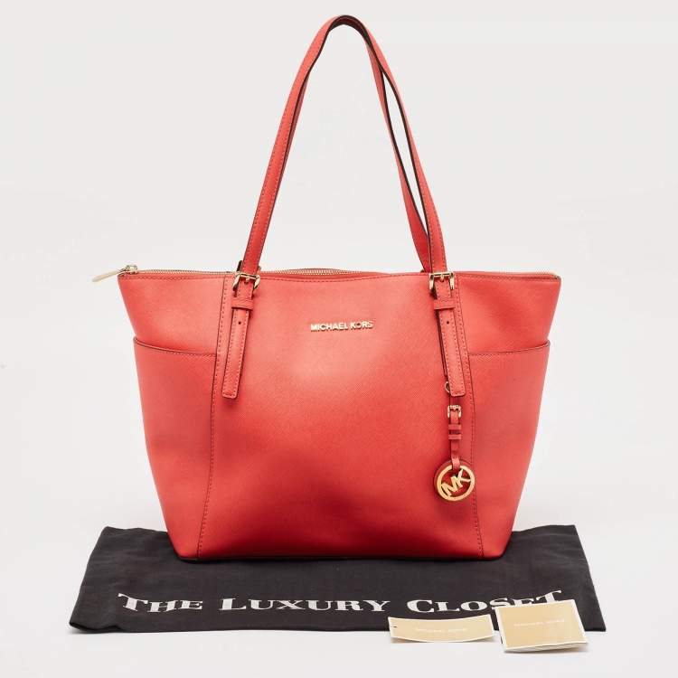 Pre Owned MICHAEL Michael Kors Red Saffiano Leather Large Top Zip Jet Set Tote