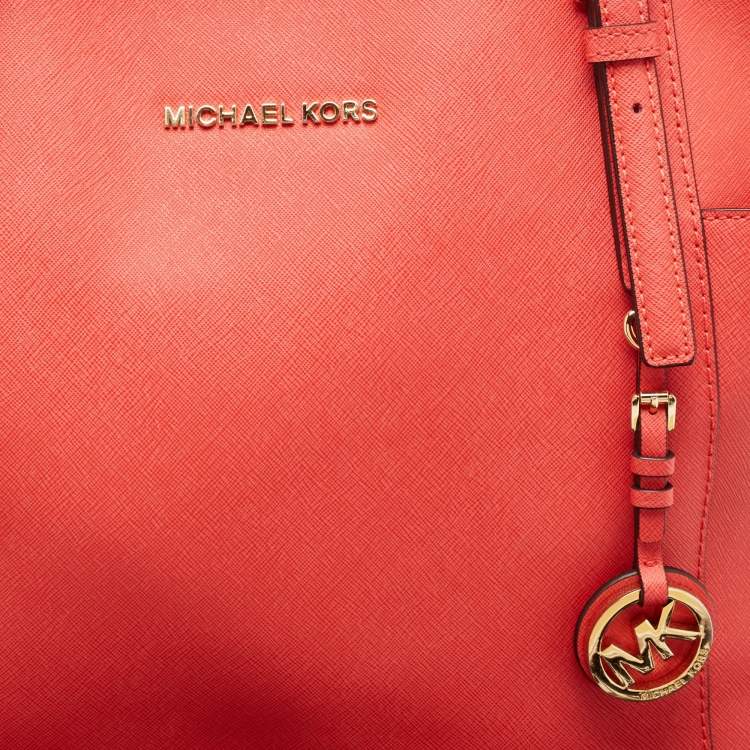 Pre Owned MICHAEL Michael Kors Red Saffiano Leather Large Top Zip Jet Set Tote