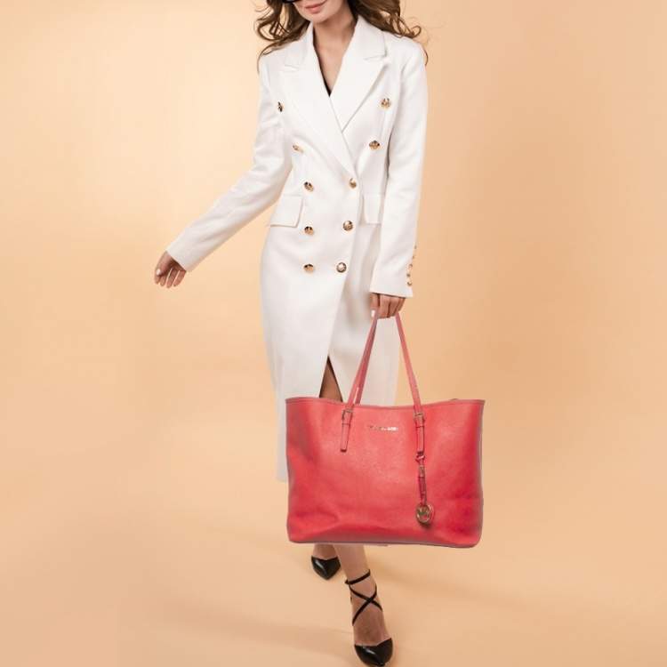 Pre Owned MICHAEL Michael Kors Red Saffiano Leather Large Top Zip Jet Set Tote