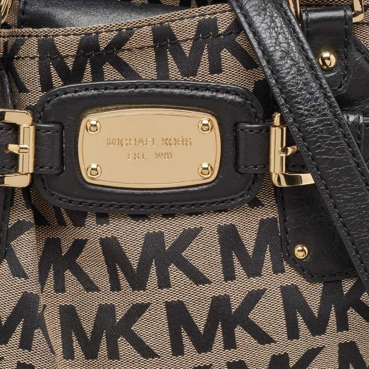 Pre Owned MICHAEL Michael Kors Black/Beige Signature Canvas and Leather Gansevoort Tote