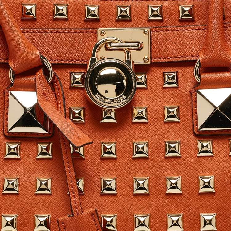 Pre Owned MICHAEL Michael Kors Orange Saffiano Leather Large Studded Hamilton Tote