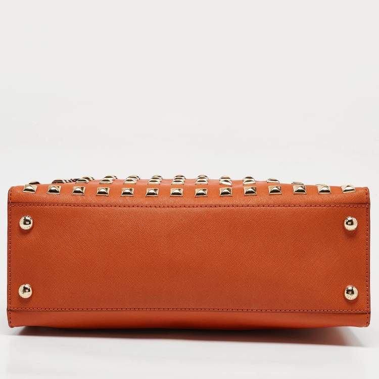 Pre Owned MICHAEL Michael Kors Orange Saffiano Leather Large Studded Hamilton Tote