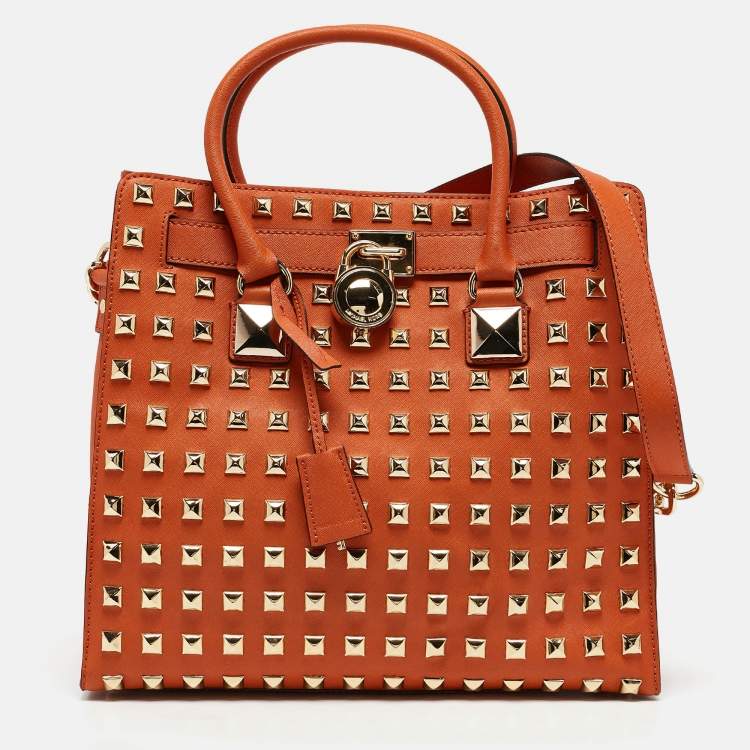 Pre Owned MICHAEL Michael Kors Orange Saffiano Leather Large Studded Hamilton Tote