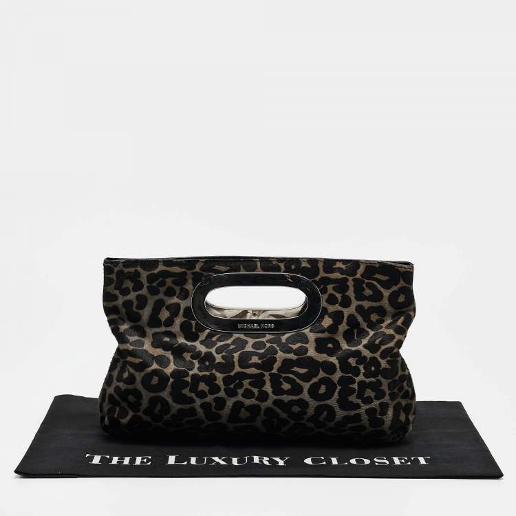 Pre Owned MICHAEL Michael Kors Black/Grey Leopard Print Calf Hair Berkley Clutch