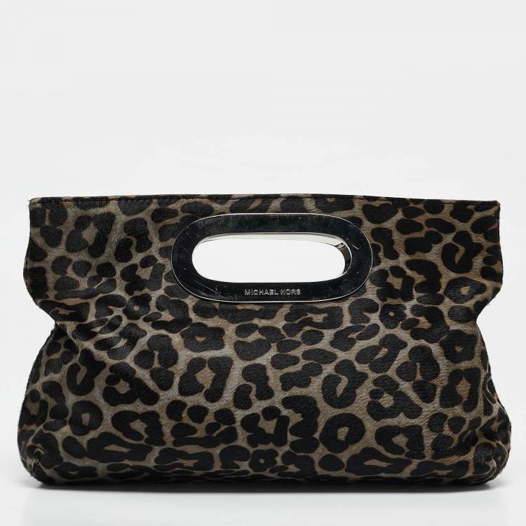 Pre Owned MICHAEL Michael Kors Black/Grey Leopard Print Calf Hair Berkley Clutch