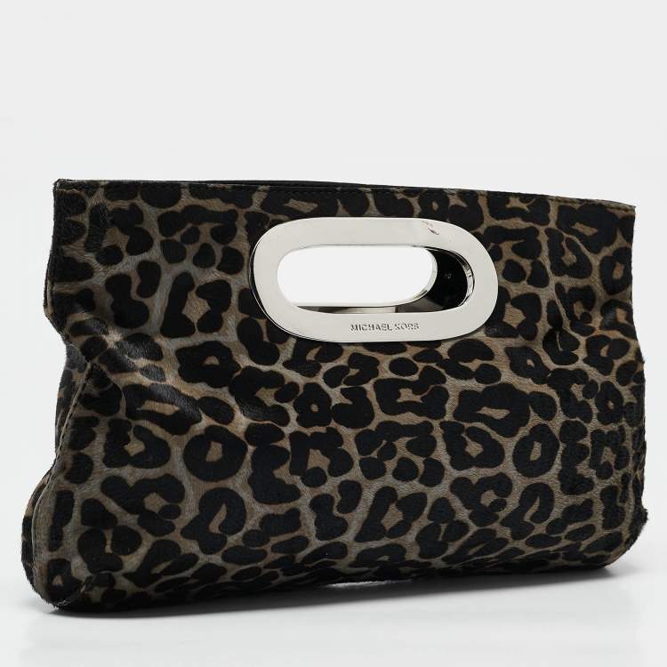 Pre Owned MICHAEL Michael Kors Black/Grey Leopard Print Calf Hair Berkley Clutch