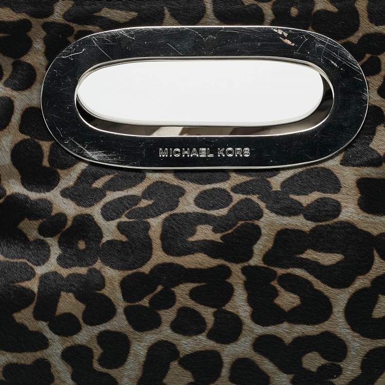 Pre Owned MICHAEL Michael Kors Black/Grey Leopard Print Calf Hair Berkley Clutch