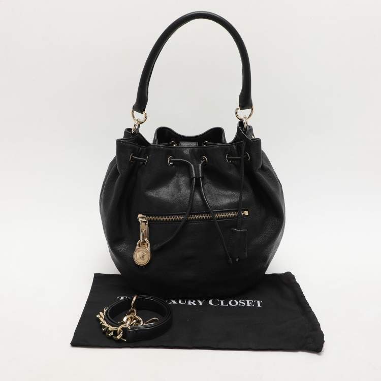 Pre Owned MICHAEL Michael Kors Black Leather Drawstring Hobo