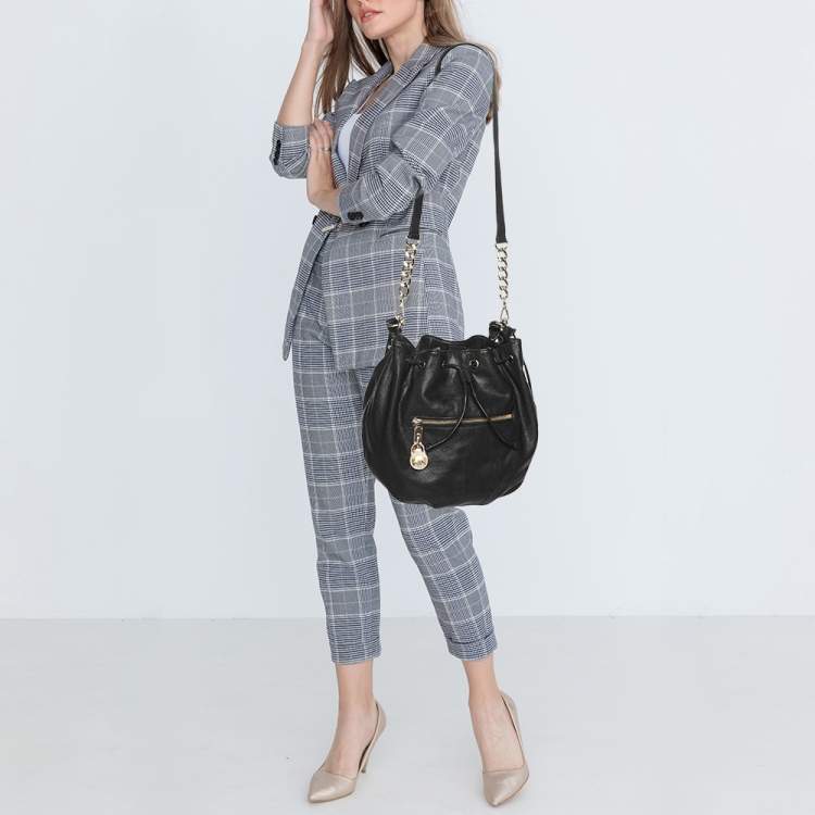 Pre Owned MICHAEL Michael Kors Black Leather Drawstring Hobo