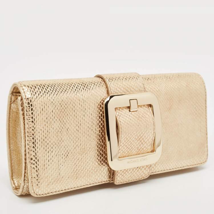 Pre Owned MICHAEL Michael Kors Gold Snake Effect Suede Sutton Clutch