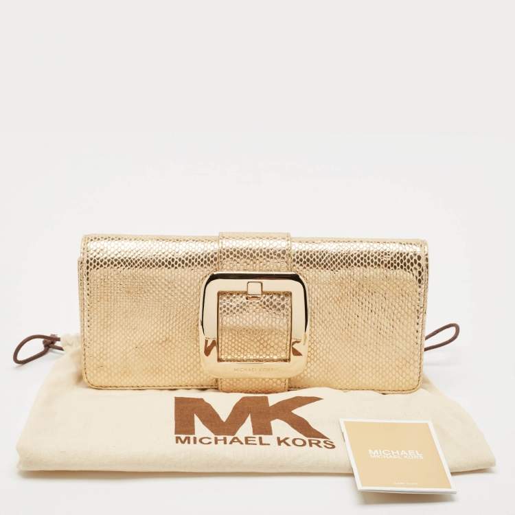 Pre Owned MICHAEL Michael Kors Gold Snake Effect Suede Sutton Clutch