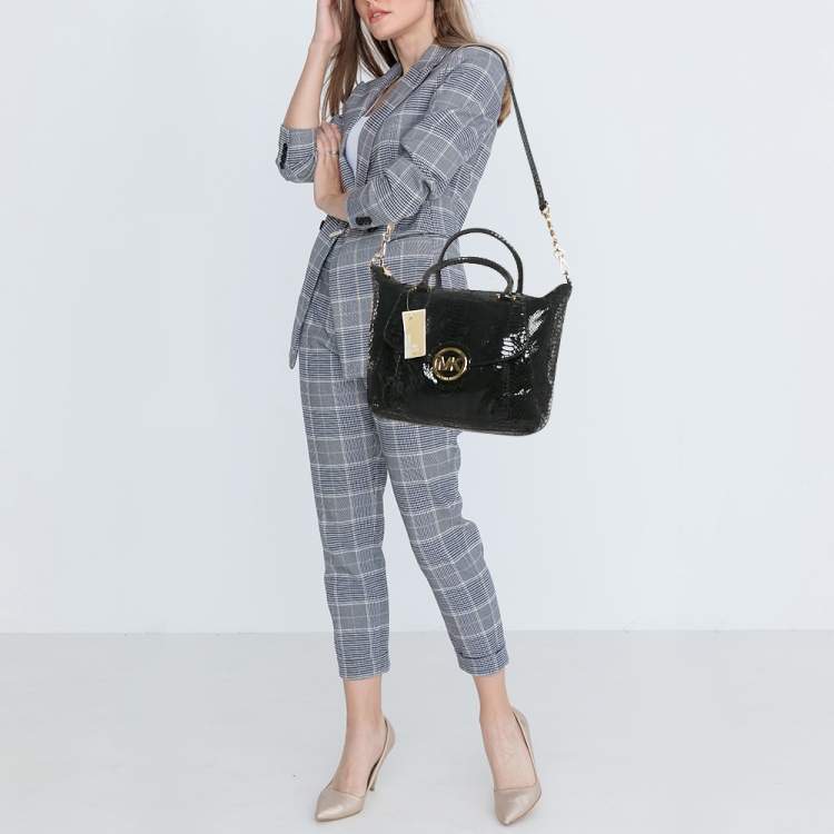 Pre Owned MICHAEL Michael Kors Black  Python Embossed Fulton Satchel