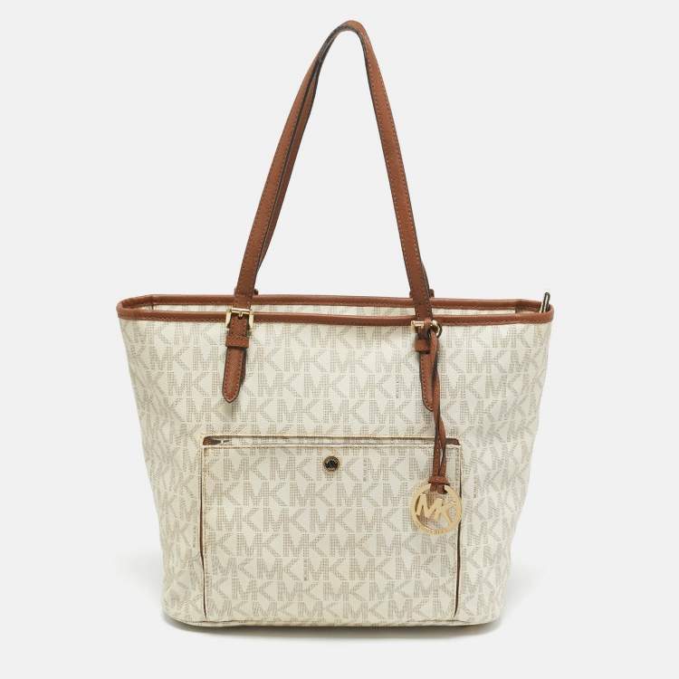Pre Owned MICHAEL Michael Kors Off White Signature Coated Canvas  Jet Set Snap Pocket Tote