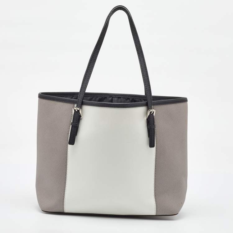 Pre Owned MICHAEL Michael Kors Grey/White Saffiano Leather Jet Set Tote