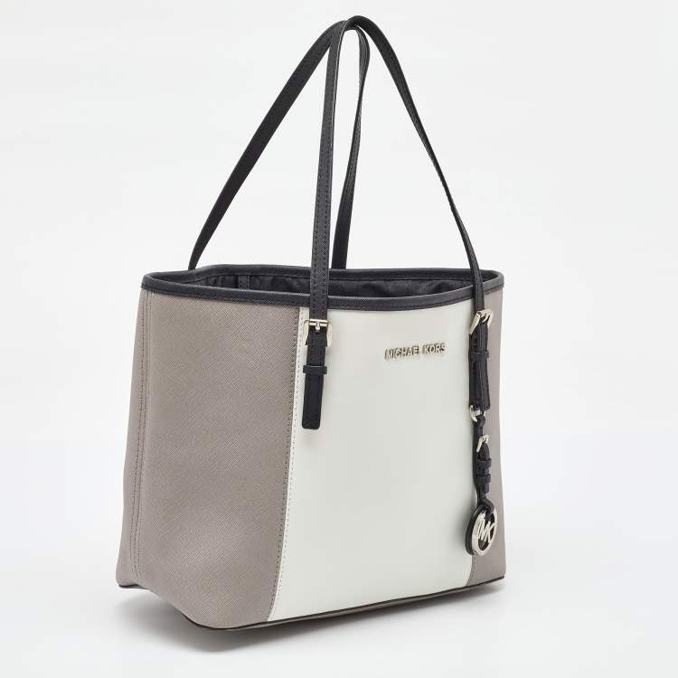 Pre Owned MICHAEL Michael Kors Grey/White Saffiano Leather Jet Set Tote