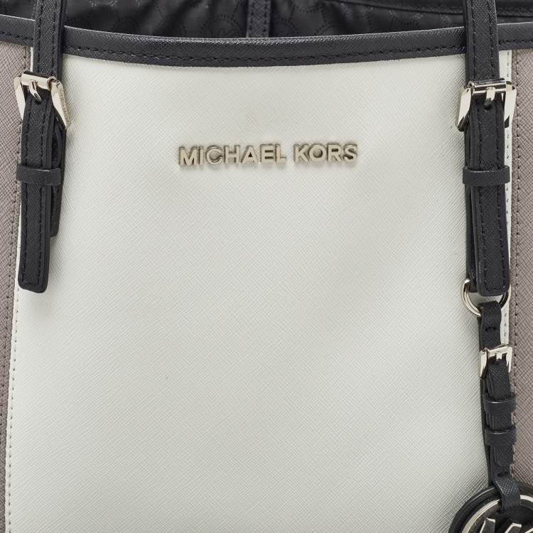 Pre Owned MICHAEL Michael Kors Grey/White Saffiano Leather Jet Set Tote