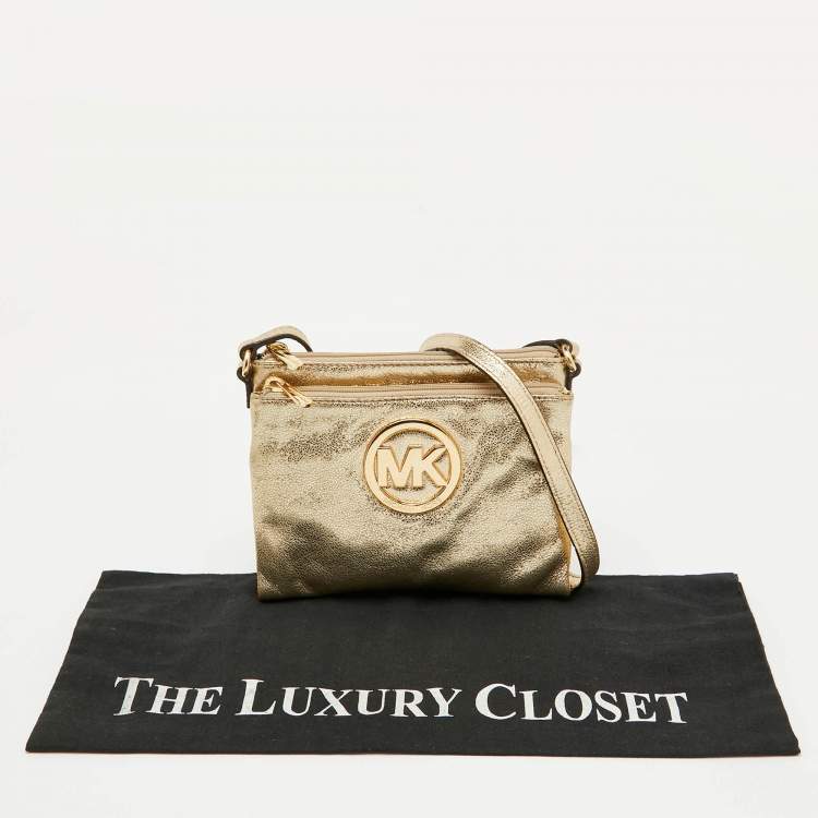 Pre Owned MICHAEL Michael Kors Metallic Gold Leather Fulton Crossbody Bag