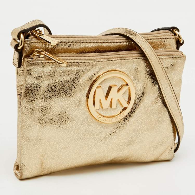 Pre Owned MICHAEL Michael Kors Metallic Gold Leather Fulton Crossbody Bag