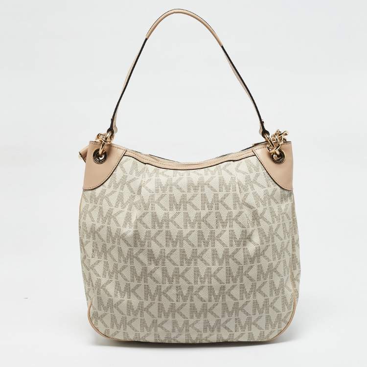 Pre Owned MICHAEL Michael Kors Beige/White Signature Coated Canvas Bedford Large Shoulder Bag