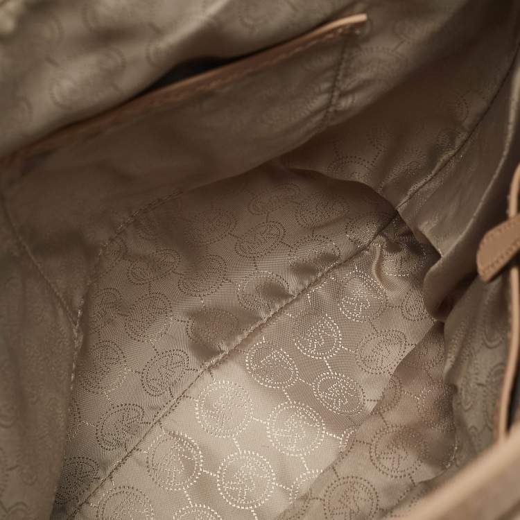 Pre Owned MICHAEL Michael Kors Beige/White Signature Coated Canvas Bedford Large Shoulder Bag