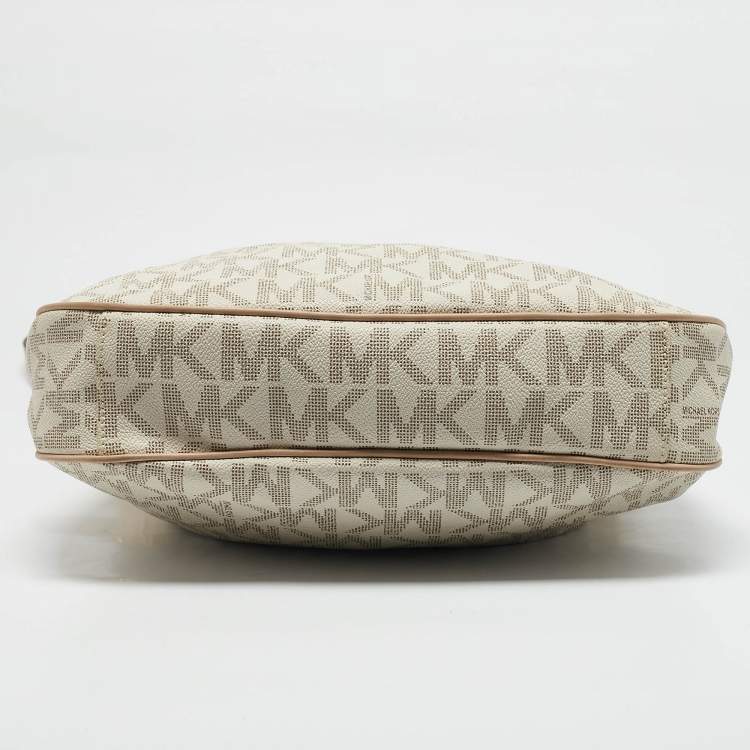 Pre Owned MICHAEL Michael Kors Beige/White Signature Coated Canvas Bedford Large Shoulder Bag