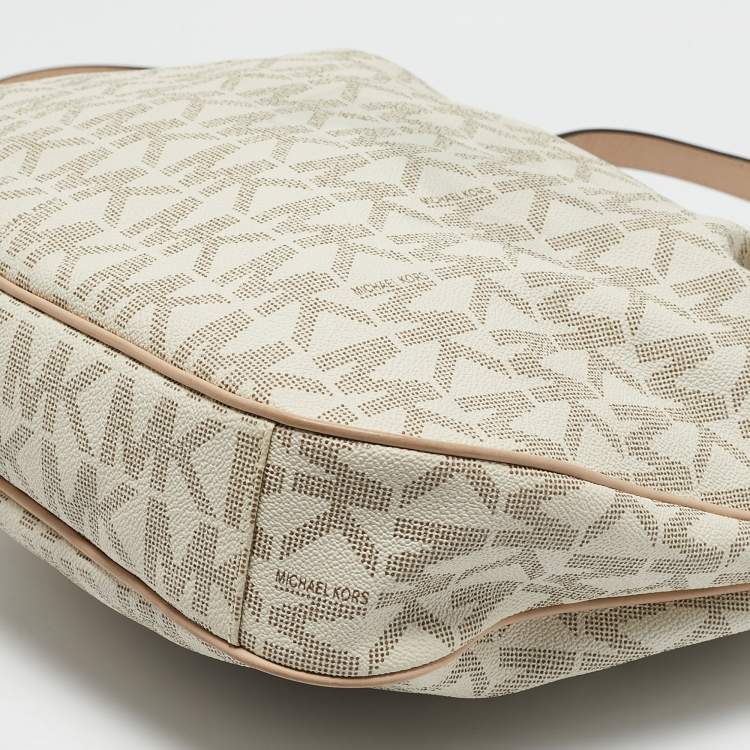 Pre Owned MICHAEL Michael Kors Beige/White Signature Coated Canvas Bedford Large Shoulder Bag