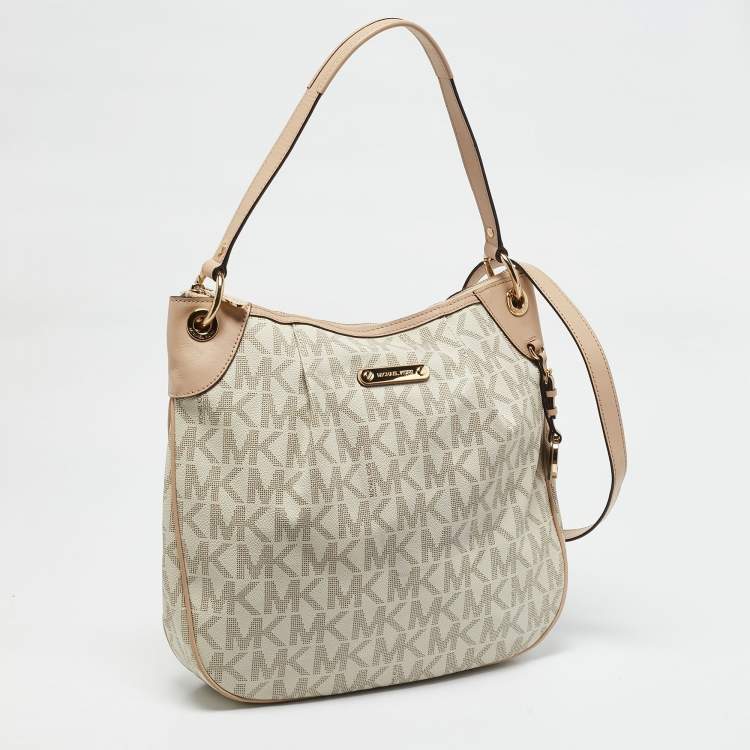 Pre Owned MICHAEL Michael Kors Beige/White Signature Coated Canvas Bedford Large Shoulder Bag