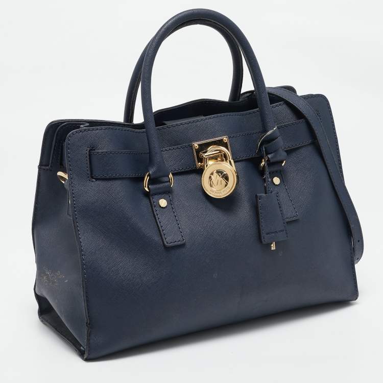 Pre Owned MICHAEL Michael Kors Navy Blue Leather Large East West Hamilton Tote