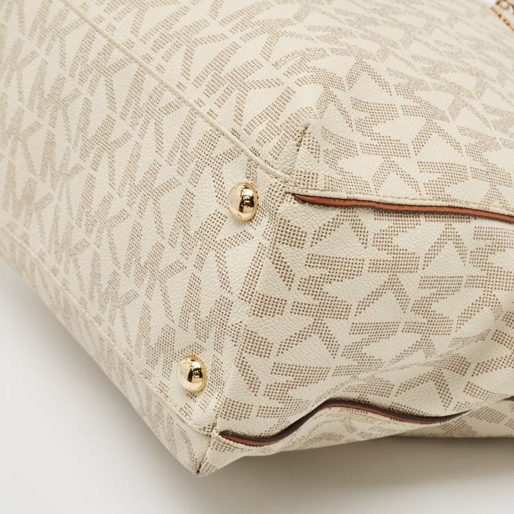 Pre Owned MICHAEL Michael Kors White/Brown Signature Coated Canvas and Leather Shopper Tote