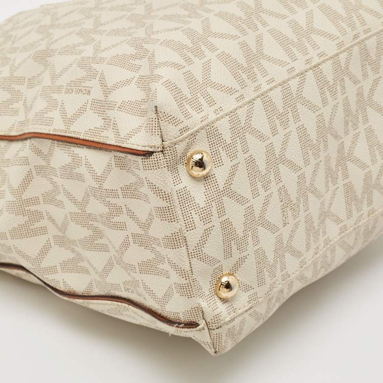 Pre Owned MICHAEL Michael Kors White/Brown Signature Coated Canvas and Leather Shopper Tote
