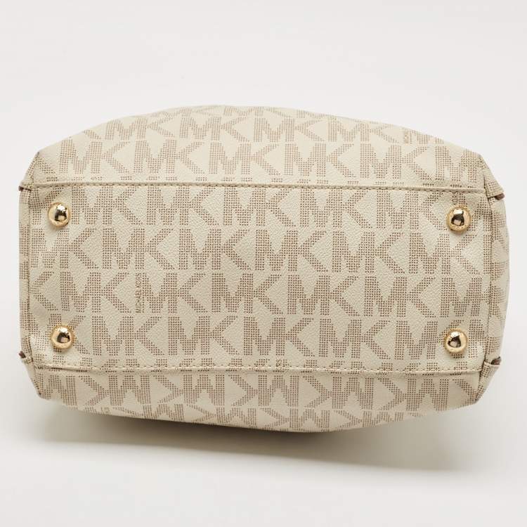 Pre Owned MICHAEL Michael Kors White/Brown Signature Coated Canvas and Leather Shopper Tote