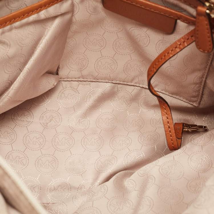 Pre Owned MICHAEL Michael Kors White/Brown Signature Coated Canvas and Leather Shopper Tote