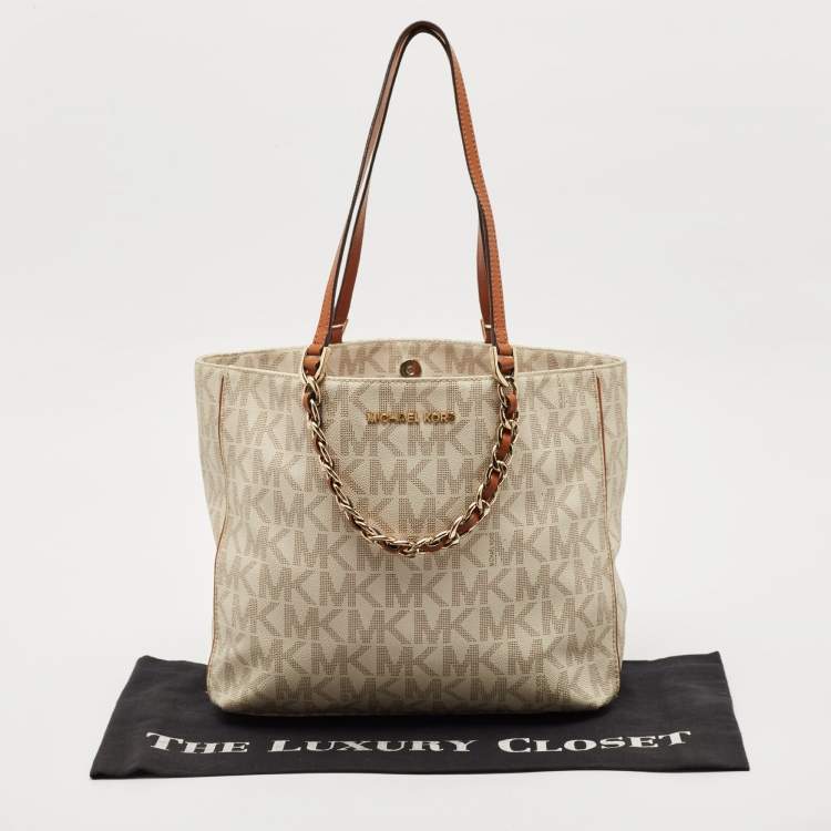 Pre Owned MICHAEL Michael Kors White/Brown Signature Coated Canvas and Leather Shopper Tote