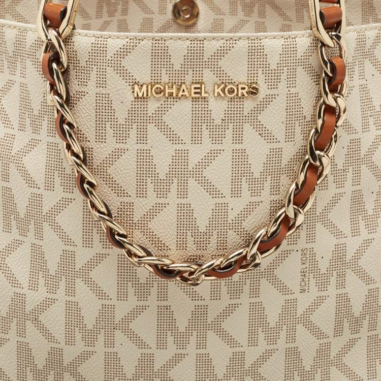Pre Owned MICHAEL Michael Kors White/Brown Signature Coated Canvas and Leather Shopper Tote